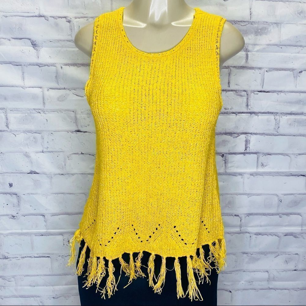 Pepin Anthropologie Crochet Fringe Knit Sleeveless marigold yellow top